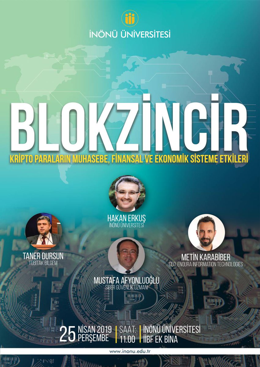Yeni bir teknoloji olan Blokzincir (Blokchain)'in ele alınacağı "Blokzincir - Kripto Paraların Muhasebe, Finansal ve Ekonomik Sisteme Etkileri" konulu panel, yarın 11.00'da İnönü Üniversitesi İİBF Ek Bina Konferans Salonunda...

#blockchain #blokzincir #İnönüÜniversitesi #Panel