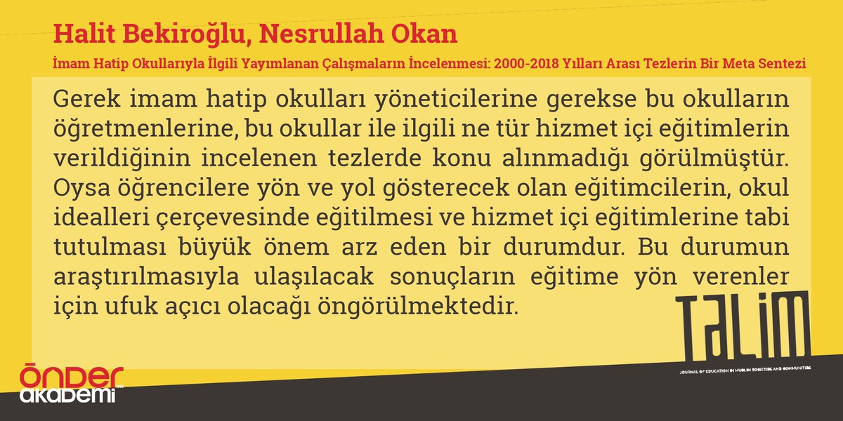 Dergimizin son sayısında yayımlanan Halit Bekiroğlu ve Nesrullah Okan’ın birlikte kaleme aldığı, İmam Hatip Okullarıyla ilgili yayımlanan çalışmaların incelendiği makaleyi link üzerinden okuyabilirsiniz: talimdergisi.com/wp-content/upl…