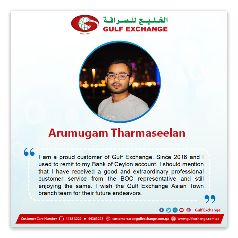 gulfexchangeqa's tweet photo. We thank Mr. Arumugam Tharmaseelan for his feedback.
#gulfexchange #plazamall #asiantown
#customerexperience 🇱🇰 https://t.co/WBFuT14wxD