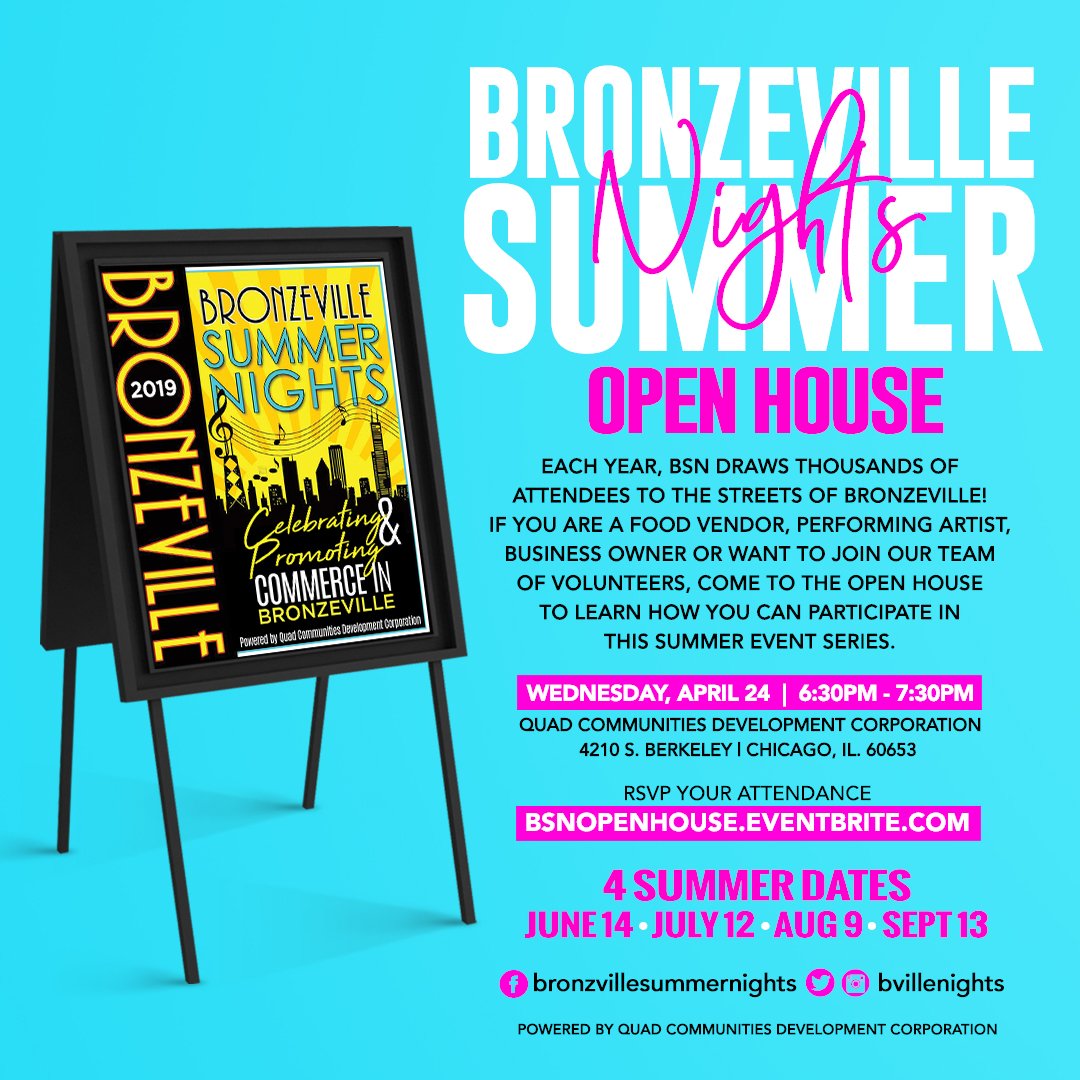 bvillenights's tweet photo. TONIGHT (4/24)! Calling all vendors, performing artists, business owners, and volunteers! Join us for the Bronzeville Summer Nights Open House to learn how you can participate in this summer event series. RSVP: https://t.co/D6VRu01WU5 https://t.co/JAfawyjqbU