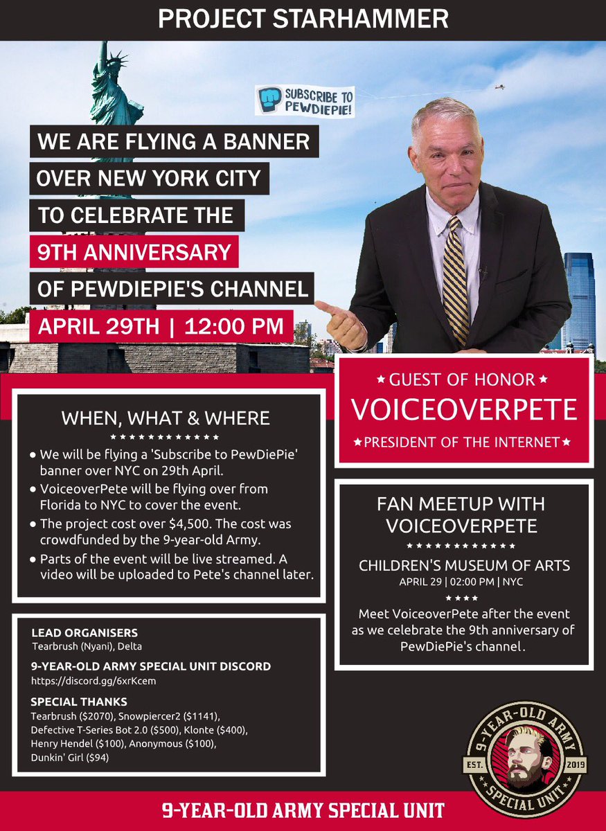 VoiceoverPete's tweet photo. Historic event in NY! Pewdiepie 9 yr anniversary. Live streaming and TV coverage. Watch the banner plane with me and the meetup/Party. Be sure to RT so everyone knows! https://t.co/m6HeiX6gi9