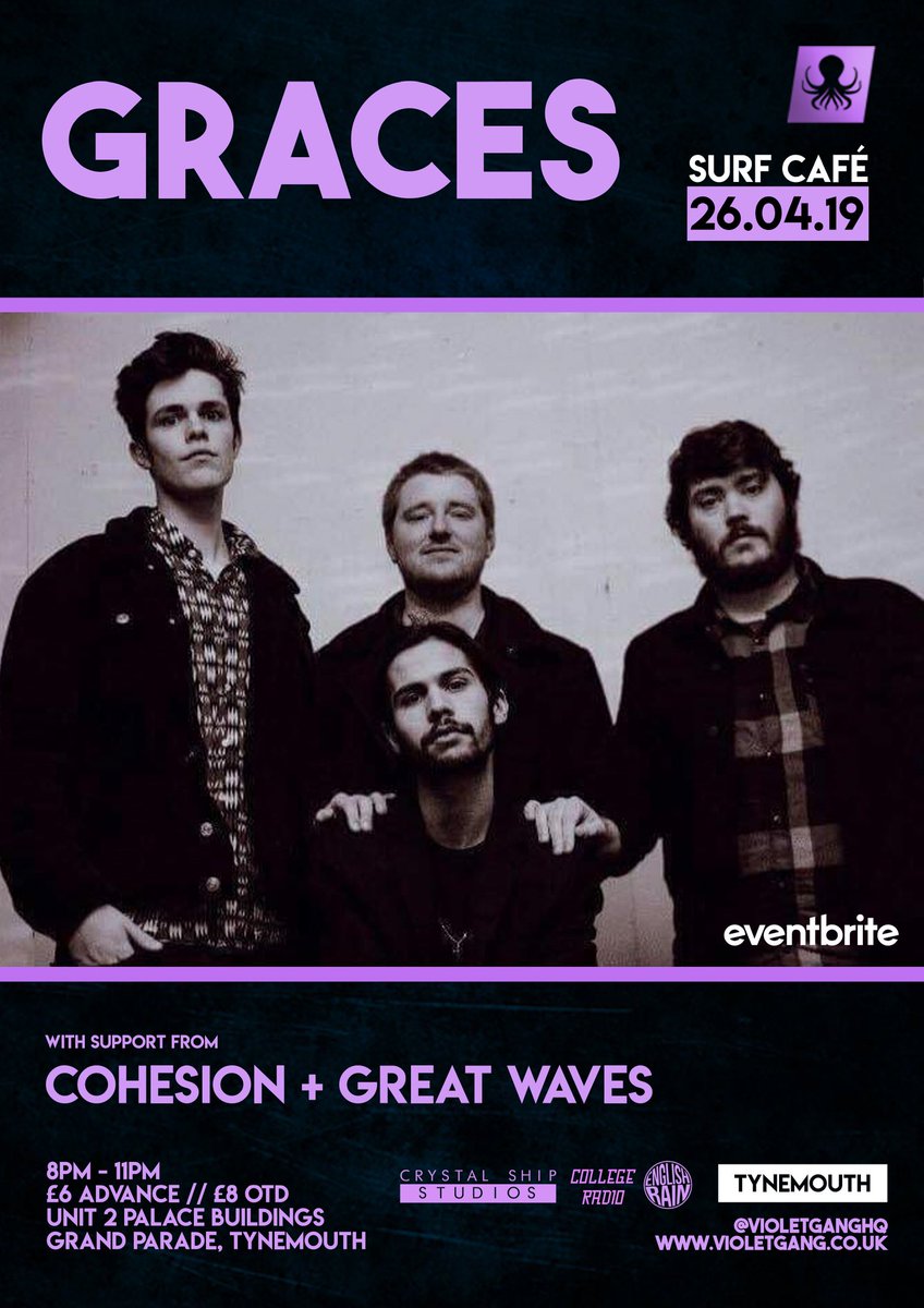 🏄‍♂️🏄‍♀️ we'll be at the Tynemouth Surf Cafe this Friday supporting <a href="/gracesband/">G R A C E S</a> alongside @greatwavesband // cheers Violet Gang, excited for this one! 

Tix available at tinyurl.com/y4cf4rzy

COHESION x