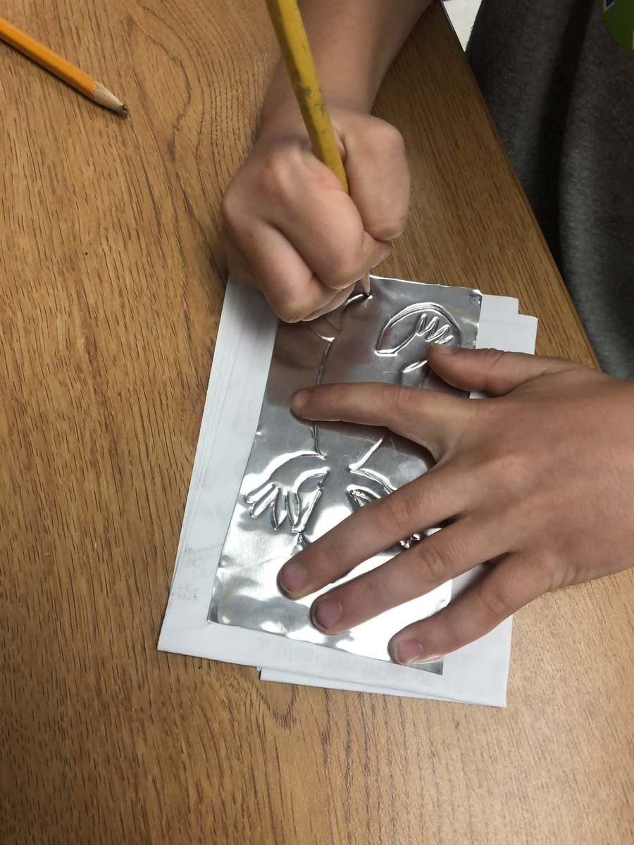 Third grade artists explore metal repousse and chasing techniques for their upcoming assemblage! 🎨