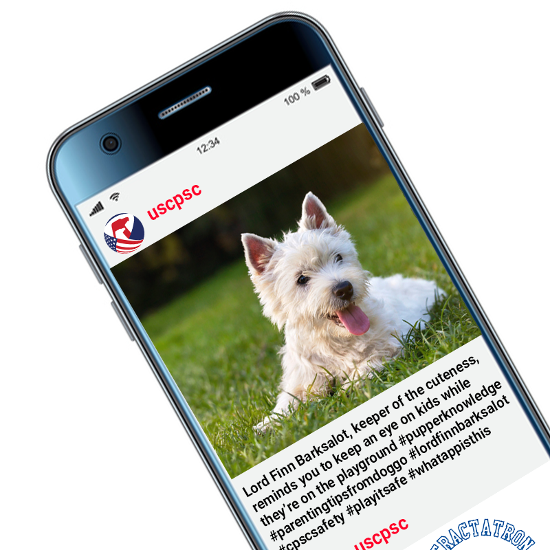 A picture of a dog on a phone named Lord Finn Barksalot. The text reads: Lord Finn Barksalot, keeper of the cuteness, reminds you to keep an eye on kids while they're on the playground.