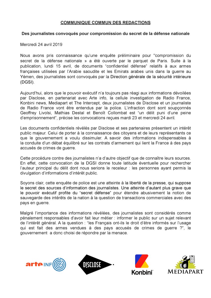 [URGENT] Deux journalistes de Disclose.ngo sont convoqués dans le cadre d'une enquête pour "compromission du secret de la défense nationale" suite à une plainte du ministère des Armées. #yemenpapers #madeinfrance <a href="/Mediapart/">Mediapart</a> <a href="/InvestigationRF/">Cellule investigation de Radio France</a> <a href="/ARTEInfo/">ARTE Info</a> <a href="/konbininews/">Konbini news</a>