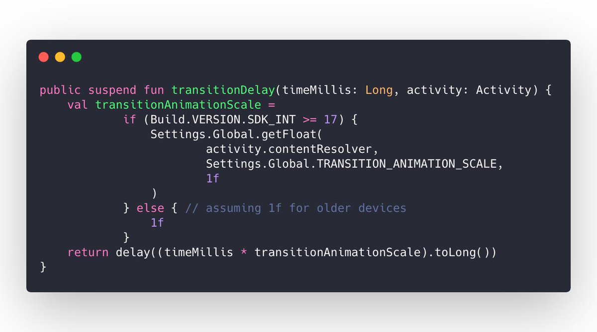 blipinsk's tweet image. If you're using coroutines to synchronise some operations with transitions/animations, `delays` should undergo scaling according to Android globals. #AndroidDev #kotlin #kotlincoroutines
Code available here: gist.github.com/blipinsk/234c2…