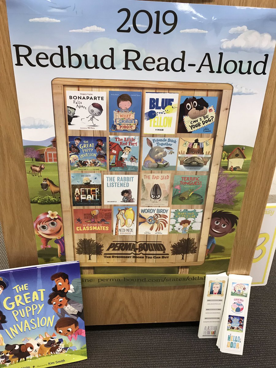 rasors's tweet photo. Thank you @alastairheim for the autographed copy of The Great Puppy Invasion and all the bookmarks too! It was the #RedbudReadAloud winner for our school and we hope it wins for all of Oklahoma.❤️🐶 https://t.co/dRQDyTvuKO
