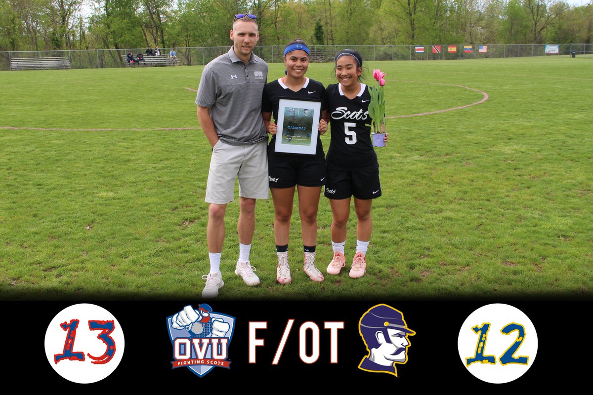 🥍FINAL🥍

Kellee Washington scores in OT to give the Scots the Senior Day victory over the Battlers. Taylor Baker scores five goals and two assists, and goalie Cheyenne Jess records twelve saves in the win. 

Final/OT
AB: 12
OVU: 13

#TheValley