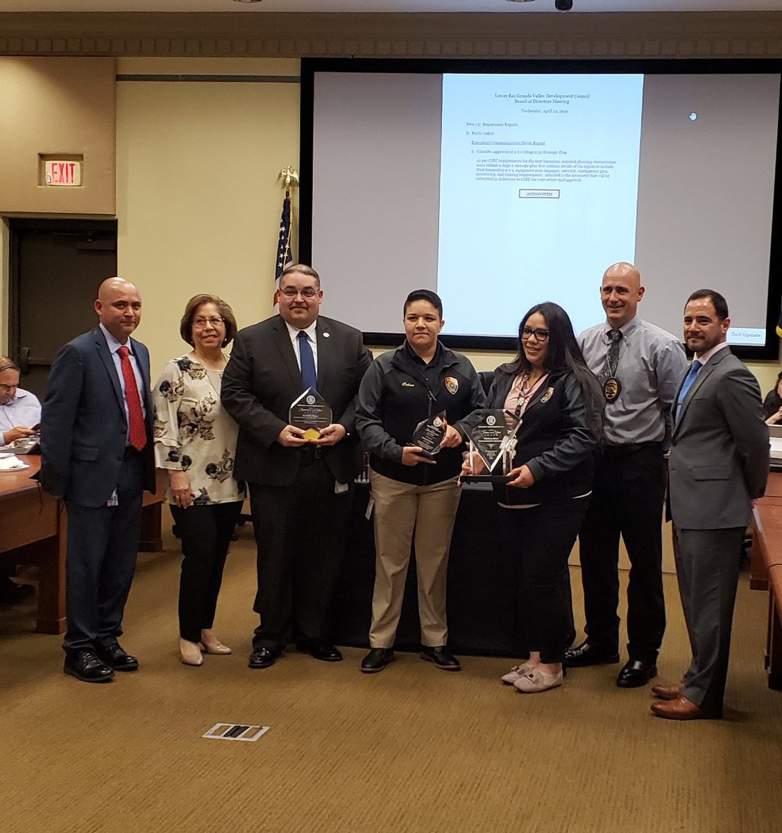lrgvdc_ps's tweet photo. Today at our Board of Directors meeting awards were presented to Isamar Ochoa from Edinburg PD for Telecommunicator of the Year. Edinburg Communications for PSAP Team of the Year &amp; Kenneth Ennis, Pharr Fire Dept for Supervisor of the Year. https://t.co/JMF3qrEEj8