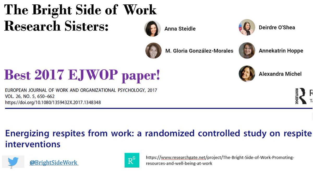 The @BrightSideWork research team (#researchsisters since 2010) #collaboration  #excellence. We just won 2017 #EJWOP best paper award for our #RCT on #respites at the #workplace #OHPsych #PositivePsych @ea_ohp @EAWOP @SocietyforOHP @siopwin @WomenofOB bit.ly/2URyj1I