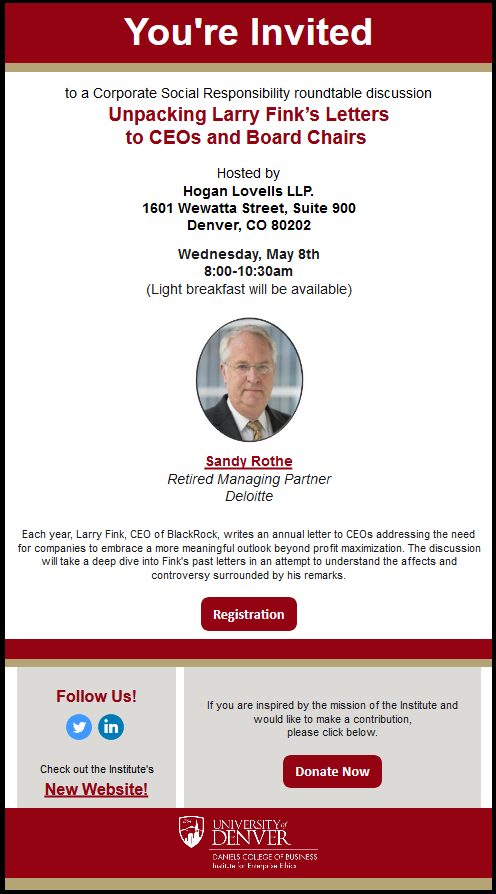 DUethics's tweet photo. Join us on May 8th for our next roundtable event! Sandy Rothe, former Managing Parter at Deloitte, will lead a discussion on Unpacking Larry Fink’s Letters to CEOs and Board Chairs.

Register here: https://t.co/XXY21Cem0g 

#DUethics #ethics https://t.co/lKEXCO2HCL