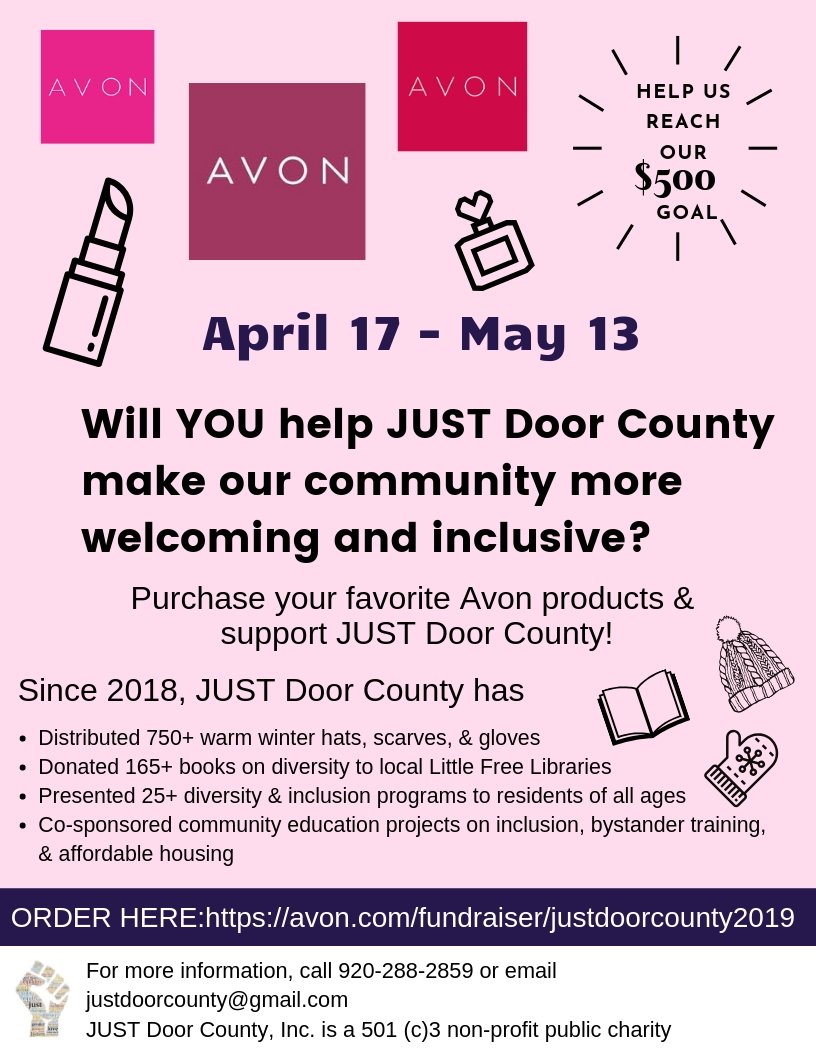 JUSTDoorCounty's tweet photo. Can we count on YOU? Our 1st fundraiser - just got our 501(c)3! Help us make it a great one! Buy your favorite AVON products online until May 13, and JUST Door County, Inc. will get a % cut! Don't forget the Skin-So-Soft Bug Spray! Order here: https://t.co/Iu4A7d3fQ4 PLEASE SHARE https://t.co/OLPam346jB