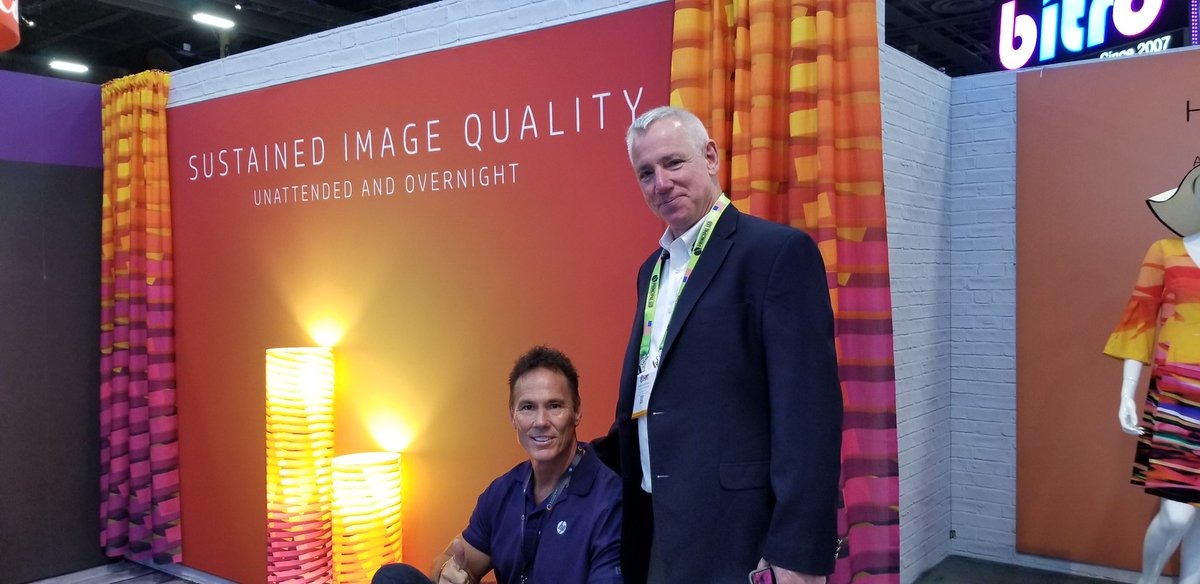 PremExSolutions's tweet photo. Witnessing history as @HP reinvents dye sublimation printing with their brand new #HPStitch printer. AND they are showing off what it can do at @isasignexpo on some of our @DuraVibe polyesters 💁🏻‍♀️ https://t.co/0wLUPUtTv7