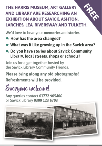 SLCF_Preston's tweet photo. As part of the @HarrisPreston #YourPointOfView community project we would like to hear your memories and stories about Savick, Larches, Lea, Ashton, Riversway and Tulketh. Wed May 1st 4-7pm at Savick Library, refreshments provided @lancspublib #Preston https://t.co/Iku3HKXsPd