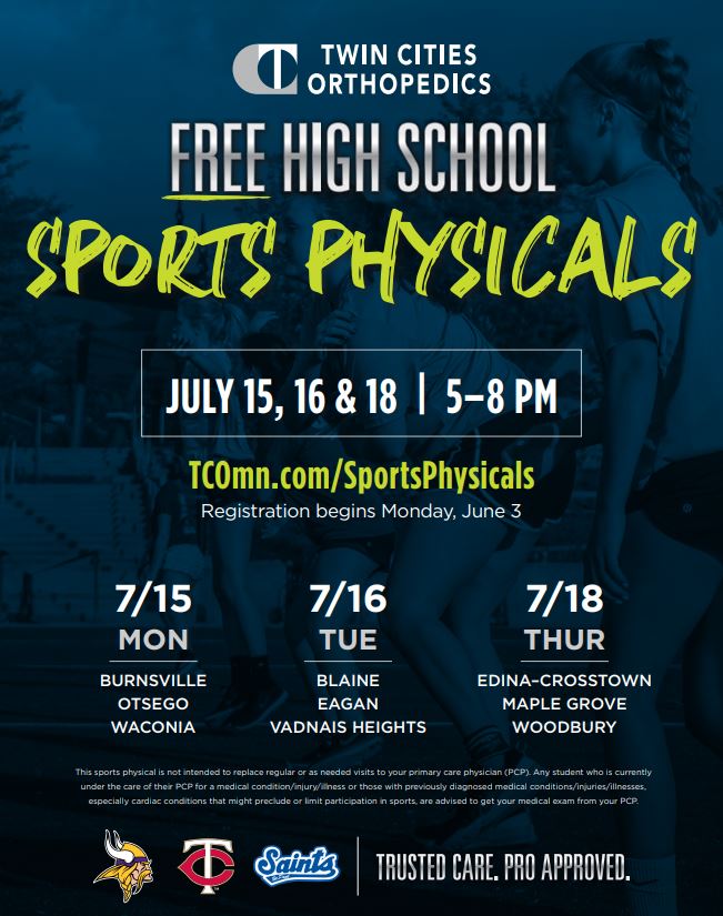 SAVHSActivities's tweet photo. Save the Date for TCO Free High School Sports Physicals

Let Twin Cities Orthopedics help you with your summer to-do list. Save the date for Free High School Sports Physicals registration, beginning Monday, June 3. https://t.co/UreXzJ12pa
