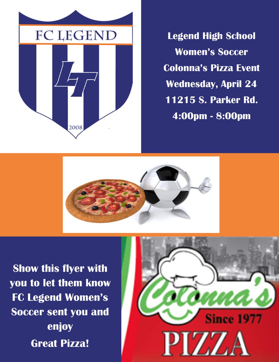 Pizza Night!!! 😍 Come support your Legend Girls Soccer at Colonna's Pizza tonight from 4-8pm!! Bring your friends, spread the word, and enjoy some pizza!! <a href="/FCLegendWSoccer/">FC Legend W Soccer</a> <a href="/LegendTitans/">Legend High School</a>