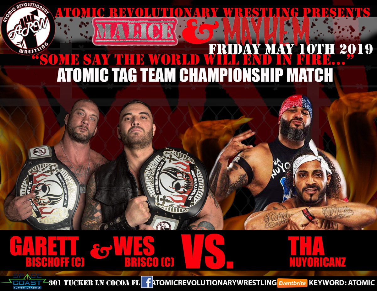 WrestlingAtomic's tweet photo. Friday May 10th in Cocoa Florida for @WrestlingAtomic we have a HUGE Atomic Tag Team Championship match taking place! It'll be @Wesbrisco & @GarettBischoff (C) vs. Tha NuYoRicanz- Tickets at https://t.co/5S27uPhwkj #NewFaceOfEXTREME #ARW #AtomicSTRONG https://t.co/hyqmNO35Gl