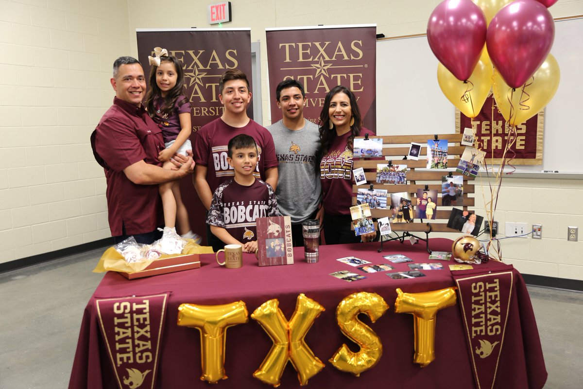 SanMarcosCISD's tweet photo. SMHS Cheer celebrates double the excitement &amp; congratulatory fun! Devan Duran, commits to becoming a mighty Bobcat for Texas State University while Maggie Pigg trades in her Rattler roots to become a Thunder Cat at Southern Nazarene University! Congrats!! 🥳 #SanMarcosCISD https://t.co/df7CnFXkFh