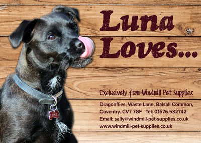 New from <a href="/WindmillPet/">Windmill PetSupplies</a> with 10% off and free delivery.

Luna Loves... Grain Free dog food

If your dog's like high content, grain free dog food at a great price, check out Luna Loves... at windmill-pet-supplies.co.uk 

Available in Chicken, Turkey, Lamb or Salmon in 2kg, 6kg &amp; 12kg