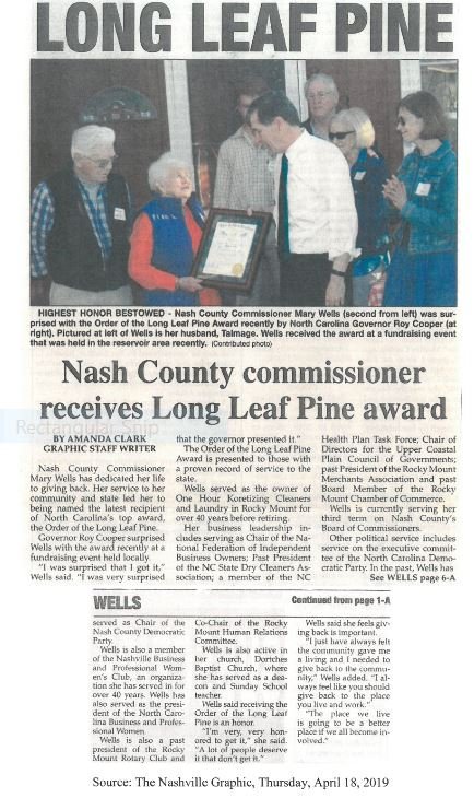 Congratulations to Ms. Mary Wells on her Long Leaf Pine Award.