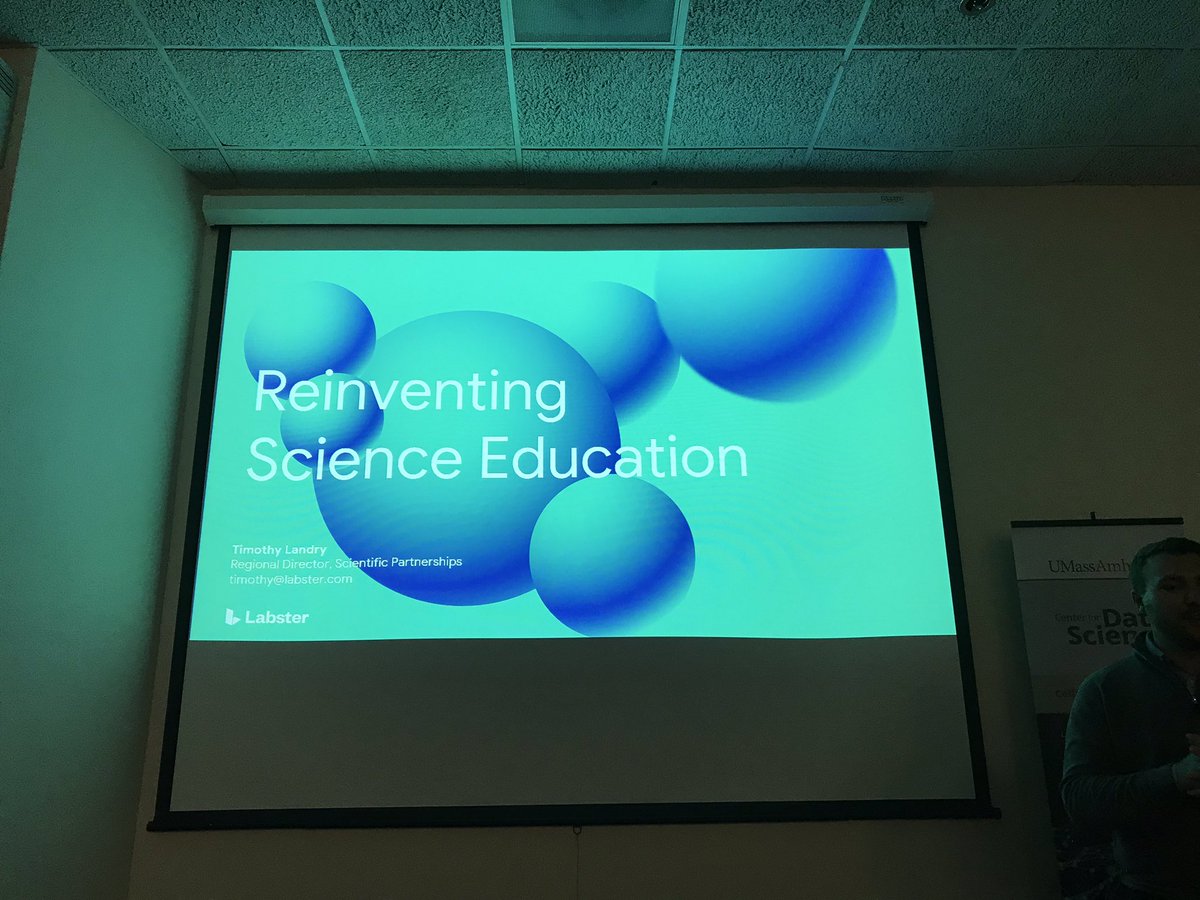 UMassDataSci's tweet photo. Presentation on reinventing #scienceeducation from Timothy Landry from @labster, a virtual lab simulation platform. #VirtualReality #AugmentedReality #umassdatascience https://t.co/f3SVg0Bu2n