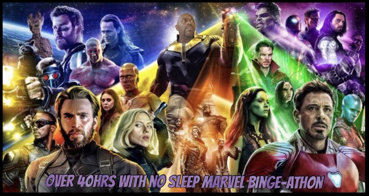 pledgeit.org/marvel-binge-a… donations will go 2 our fatherhood nonprofit - #AllStarDads-to support our program and purchase #comicbooks 4 #dads to read with their #children 👨‍👦‍👦AllStarDads classes 
TOTAL HOURS OF MOVIE🎥 WATCHING &amp; #Zaxby's chicken 🍗 eating 42hrs