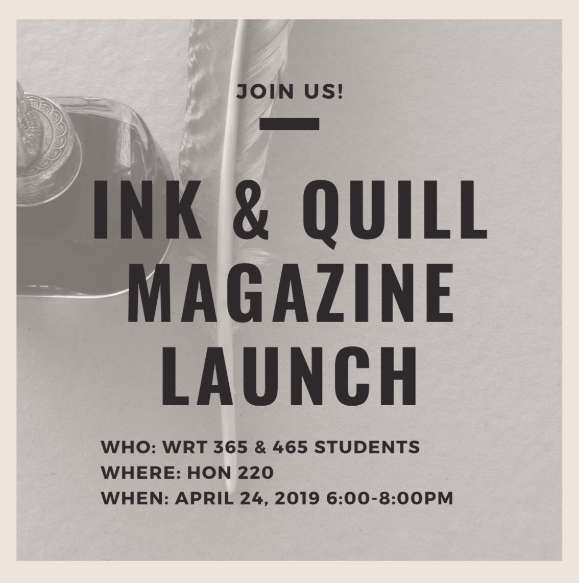 AlexandraCloss1's tweet photo. @GVSUWritingDept WRT 365 &amp; 465 students are so excited to see you at our 2019 Magazine Launch: Ink and Quill! See you there. #InkandQuill https://t.co/gmr05d2SFo