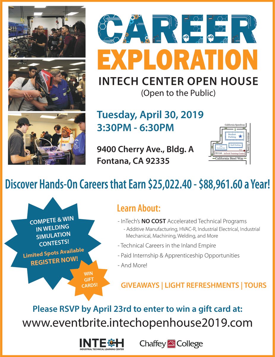 The #ChaffeyCollege <a href="/intech_center/">Chaffey College InTech Center</a> will be hosting an open house on April 30 at 3:30 p.m. Stop by to check out career possibilities. #InTech