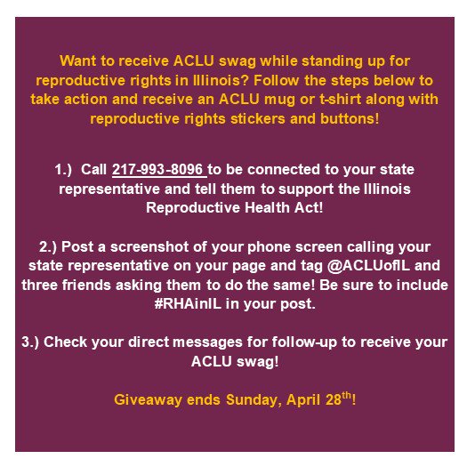ACLUofIL's tweet photo. ACLU SWAG GIVEAWAY ALERT! 

Follow the steps below to take action to support the #RHAinIL and receive free ACLU swag! #twill https://t.co/lZ07Sj2iF0