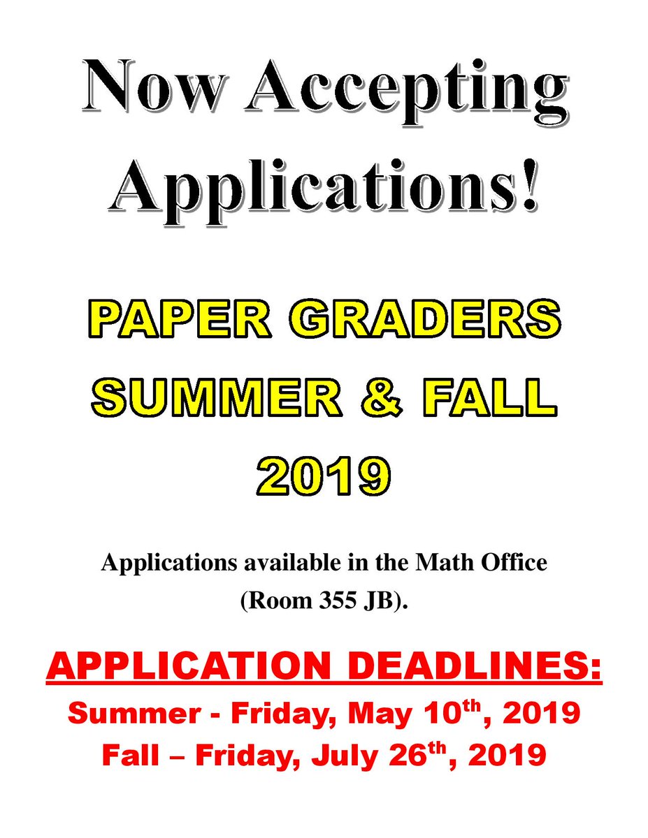 WSUMathStat's tweet image. We are now hiring paper graders for both the Summer and Fall semesters! Deadlines to submit are Friday, May 10th (Summer) and Friday, July 26th (Fall). Applications can be found in the Math Office JB 355.