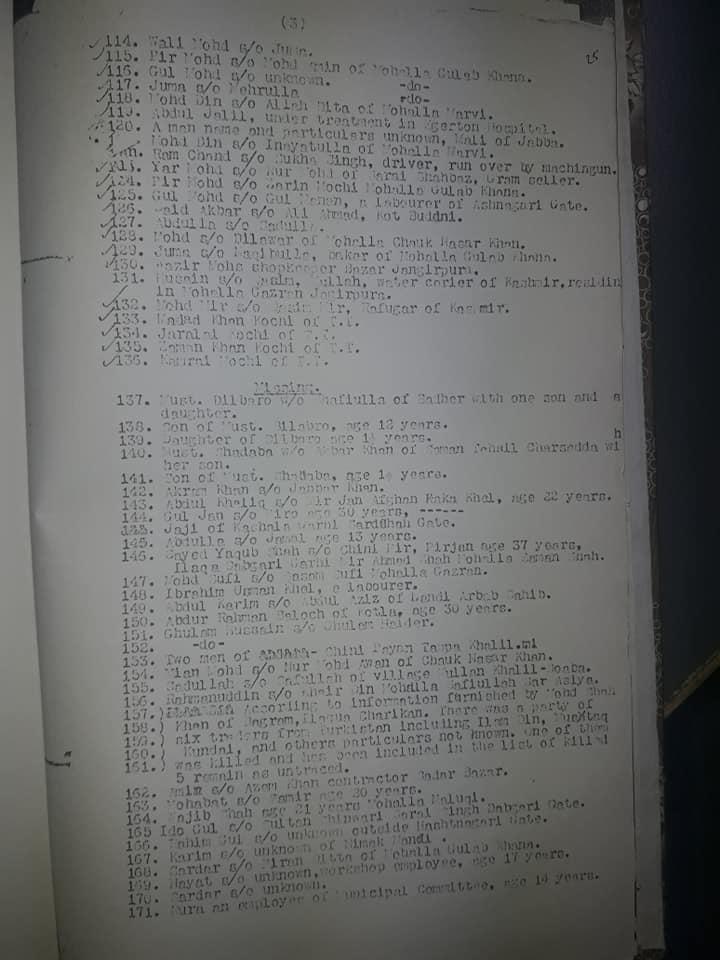 This is supposedly the last list of those killed, wounded and those who went missing in Qissa Khwani massacre, compiled by Congress party.Acc. to this report, Killed:    79Wounded: 57 Missing:  43-----------------------Total:    179via  https://www.facebook.com/photo.php?fbid=2354938068071423&set=pcb.2354952488069981&type=3&theater