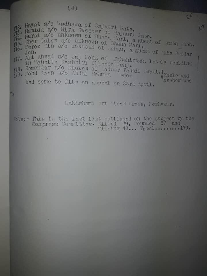 This is supposedly the last list of those killed, wounded and those who went missing in Qissa Khwani massacre, compiled by Congress party.Acc. to this report, Killed:    79Wounded: 57 Missing:  43-----------------------Total:    179via  https://www.facebook.com/photo.php?fbid=2354938068071423&set=pcb.2354952488069981&type=3&theater