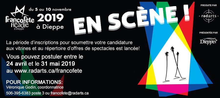 La période d'inscriptions pour soumettre votre candidature aux vitrines et au répertoire d'offres de spectacles est lancée! 
Rendez-vous sur 
radarts.ca/francofete
.
#francofeteenacadie