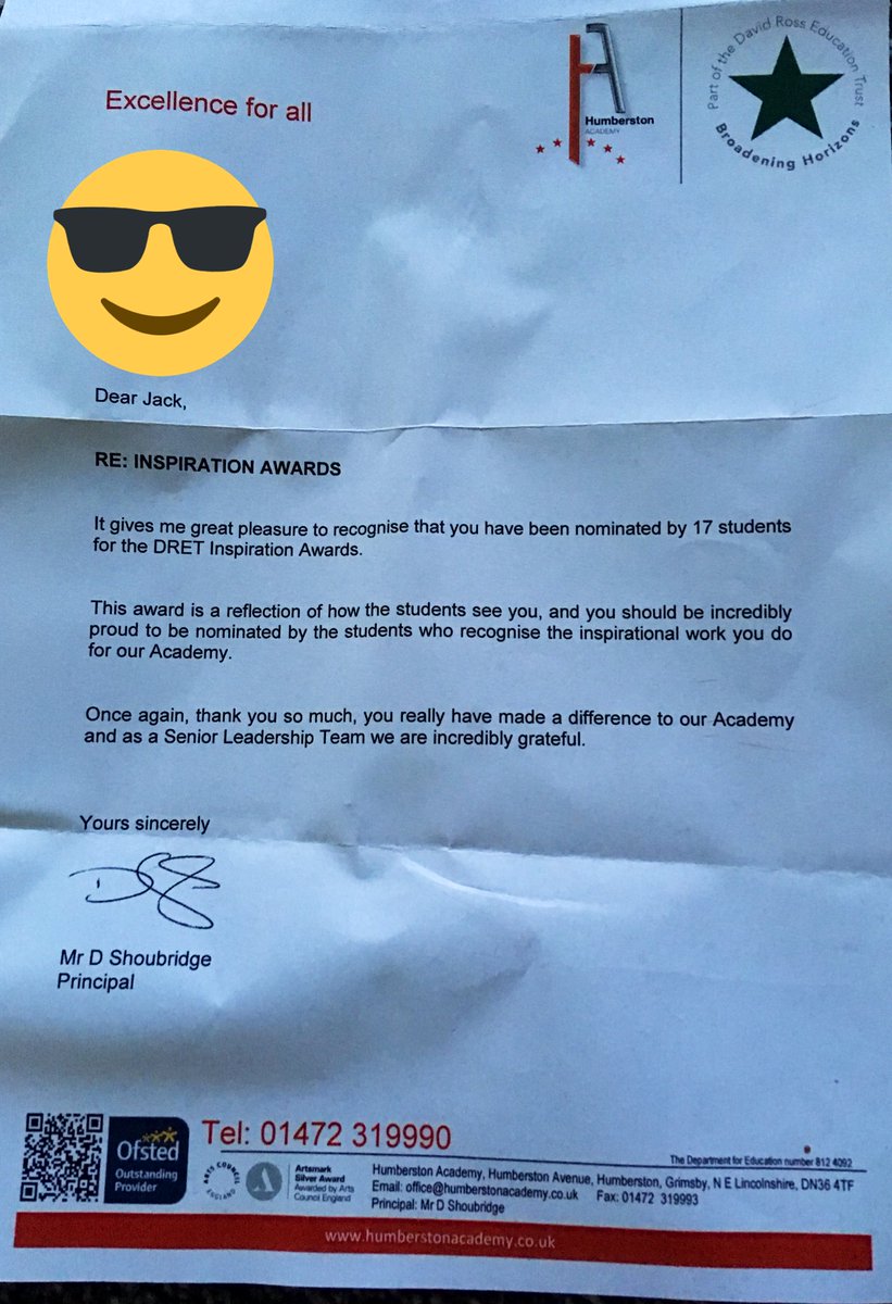 Incredibly honoured and privileged to work in such an amazing school @HumberstonA with equally amazing young people. Thank you so much to the students who nominated me🥰 & also a big thanks to @danshoubridge for a lovely letter! #DRETInspirationAwards @DRETnews