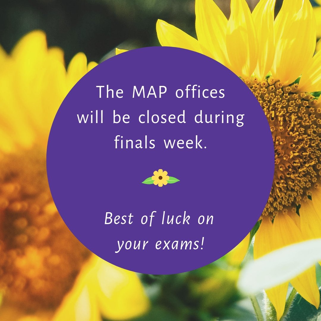 Advising questions you need answered before the summer? Tomorrow is the last day the MAP offices are open until the fall semester! Stop by Roop 201 or SSC 1102 to chat with a MAP anytime between 10am - 5 pm. No appointment necessary!

#JMU #MadisonAdvisingPeers