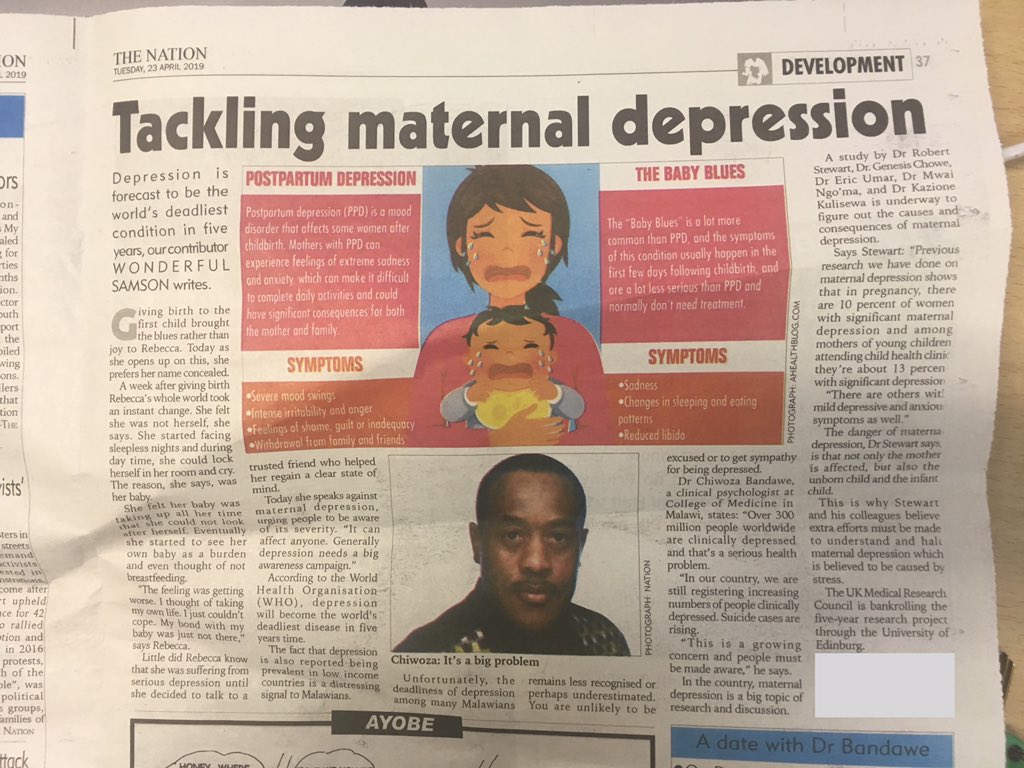 matmentalhealth's tweet photo. The Nation newspaper in Malawi raising awareness of maternal depression and the efforts being made to understand its causes and consequences. Look out for more activities around World Maternal Mental Health Day, May 1st #AAMMH #GAMMH #maternalMHmatters @unimacom @EdinburghUni https://t.co/jygLm16tkL