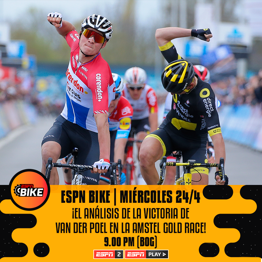 ESPNCiclismo's tweet photo. [COLOMBIA] ¡QUÉ GRAN PROGRAMA TENDREMOS! En una nueva edición de #ESPBike, analizaremos el estupendo rendimiento de Van der Poel en la Amstel Gold Race. 🔥

Este miércoles a las 9 PM (BOG) por ESPN 2 y ESPN Play. 🙌 https://t.co/YEinH7vz8P