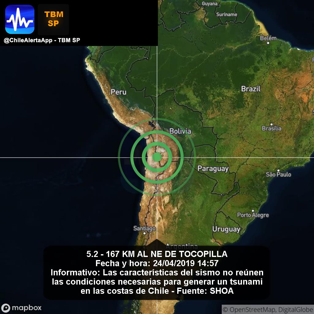 DoulosdeyeshuaP's tweet photo. 5.2 - 167 km al noreste de Tocopilla
Informativo:
Las características del sismo no reúnen las condiciones necesarias para generar un tsunami en las costas de Chile.
@ChileAlertaApp https://t.co/X33Hl4WuwJ https://t.co/Ne4Cm4yLTW