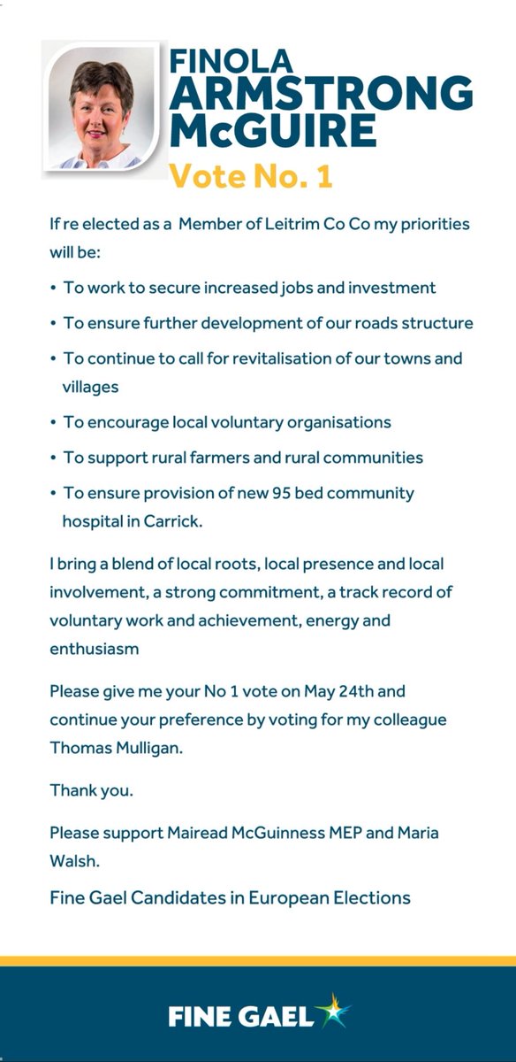 As you may be aware I am putting myself forward in the #Carrick On Shannon Municipal Area Local Election on May 24th 2019. I need all of your votes to return to the council and build on my work done to date at Leitrim County Council.

#Leitrim #CarrickonShannon #StrongLocalVoice