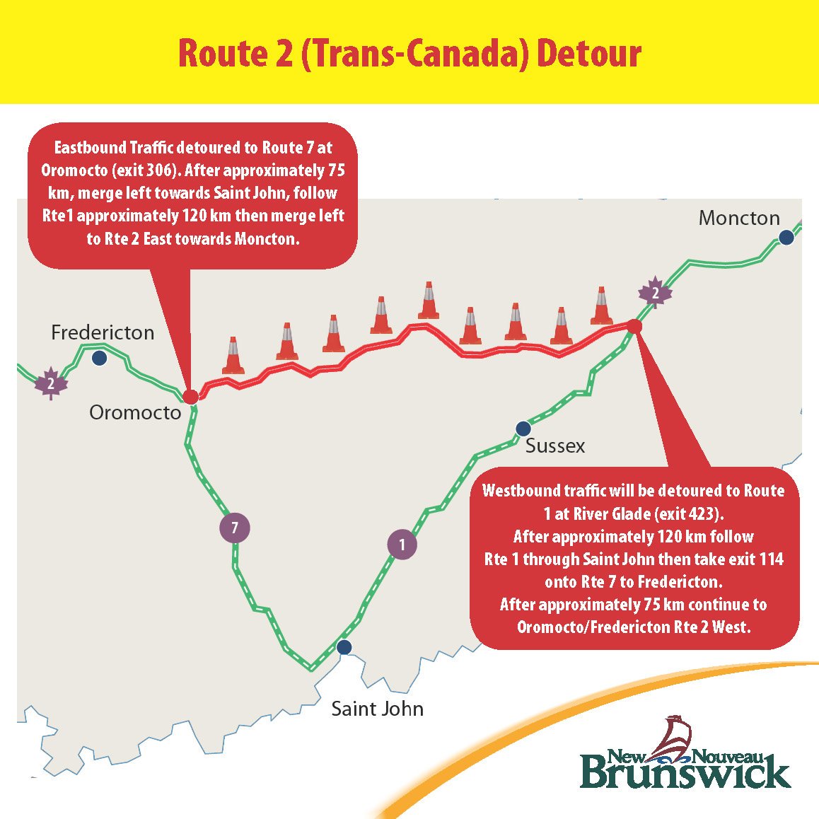 Trans-Canada Highway to be closed between Oromocto and River Glade as of 7PM today.

bit.ly/2WcKPFq