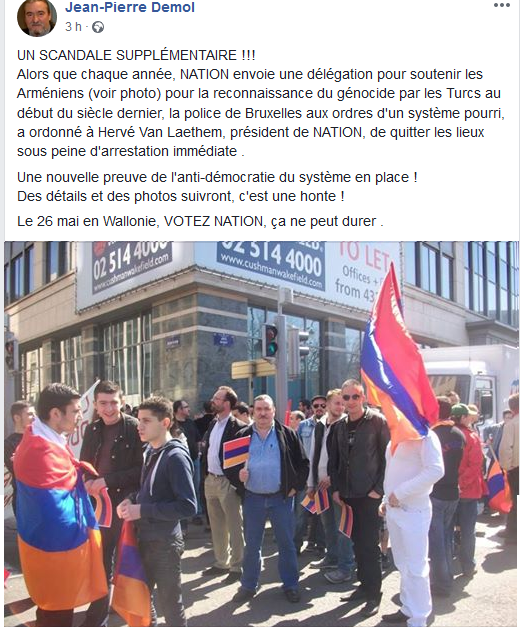 nation_tweet's tweet photo. Un scandale de plus ! Notre président Hervé van Laethem, empêché de soutenir la communauté arménienne pour la reconnaissance du #génocidearménien. Il a été prié de quitter les lieux sous peine d'arrestation. Le 26 mai en #Wallonie, #VOTEZNATION, ça ne peut plus durer .#Turquie https://t.co/n2IHucorDG