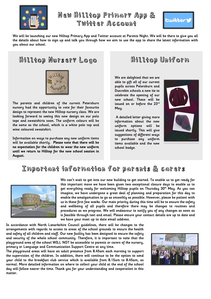 Our first Hilltop Newsletter ! Looking forward to sharing more exciting news about our new school soon. <a href="/DunrobinPS/">Dunrobin Primary School</a> <a href="/PetersburnPS/">Hilltop Primary</a> <a href="/DunrobinPC/">Parent Council (DPS)</a> <a href="/nlcpeople/">NorthLanCouncil</a>
