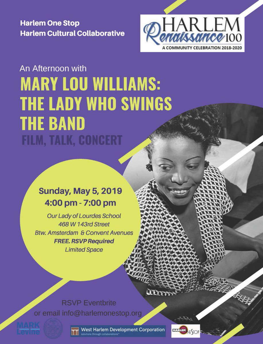 HarlemRen100's tweet photo. Join us on Sunday, May 5, 2019 at Our Lady of Lourdes School Community Room, 4-7 PM for an exciting evening celebrating Mary Lou Williams' prolific legacy. #HarlemRen100 #CultureKeepers #LiveHarlem

For more information and to see the program, visit: https://t.co/RNQjuvKiUW https://t.co/nFXVmHDlcD