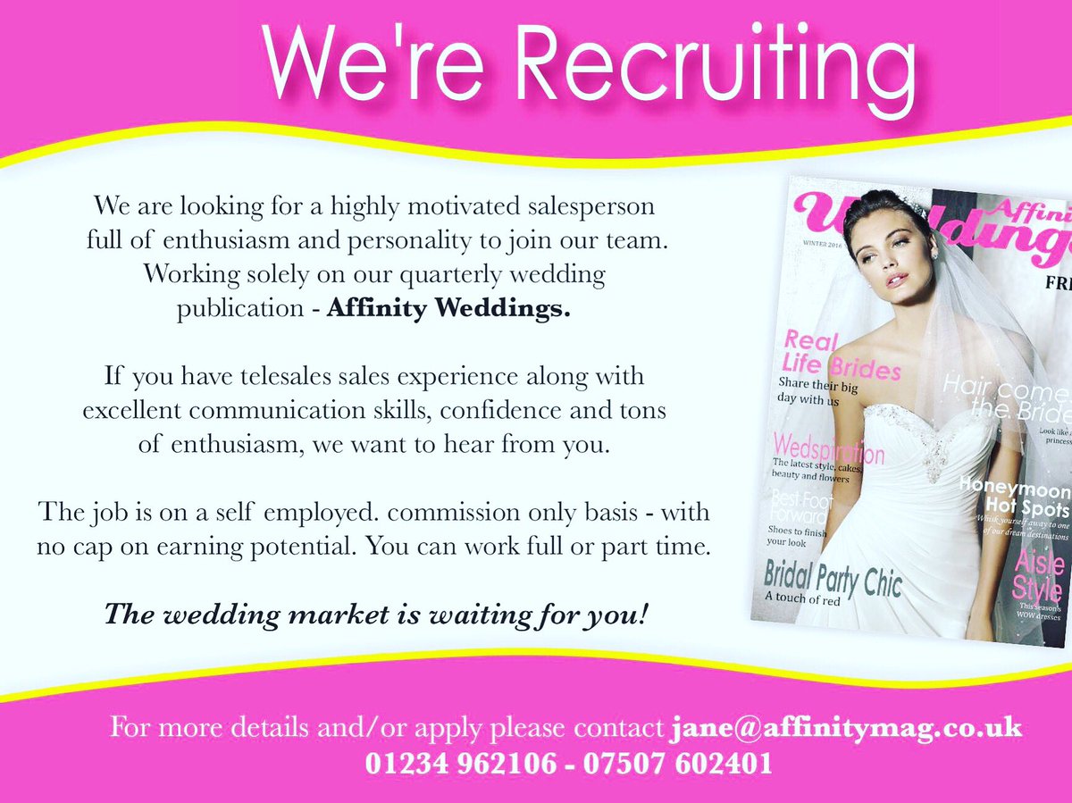 JaneFry2's tweet photo. Affinity Weddings &amp; Honeymoons is a luxury national wedding publication and we are looking for Advertising Sales Executives so we can continue to grow in the ever expanding luxury wedding market.

#sales #marketing #advertising #mediasales #advertisingsales #weddings https://t.co/5eXw5O05V6
