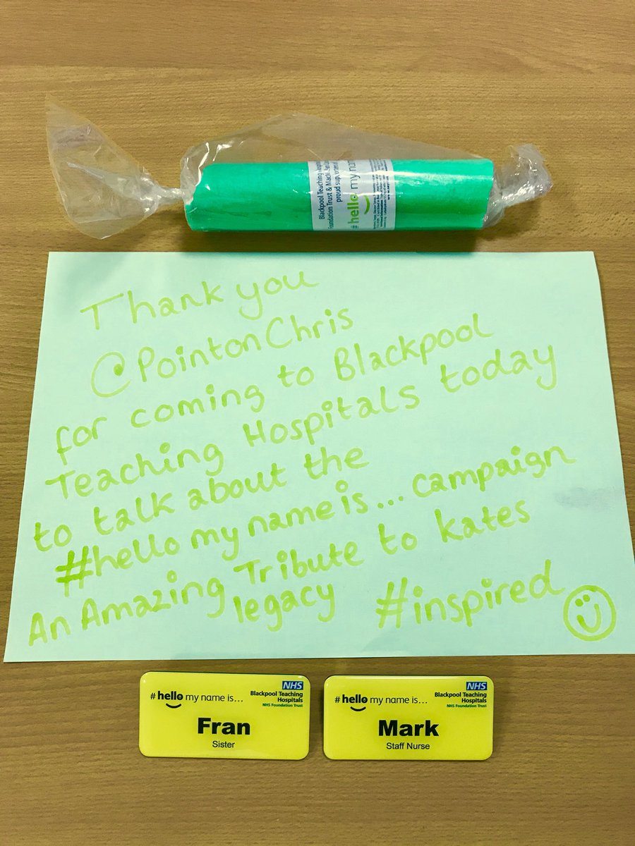 Princesschiappe's tweet photo. Thank you 2 @PointonChris 4 giving the most inspirational talk to staff 2day @BlackpoolHosp about the #hellomynameis campaign #littlethings #compassion #personcentred #4corevalues 💚 #Blackpool 🗼TY to @BplPatient_Exp 4 our fab 💛 badges at @CliftonHospital ✨ https://t.co/s1v66Cb5pY