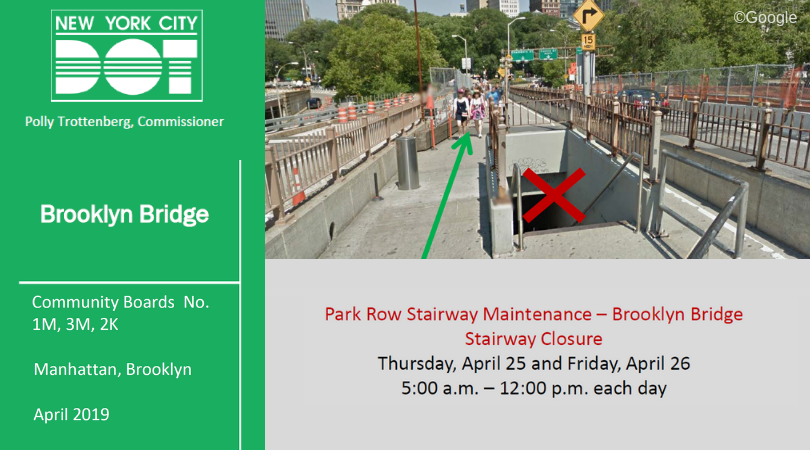 Brooklyn Bridge Notice: Community Boards No. 1M, 3M, 2K. Manhattan and Brooklyn, April 2019.