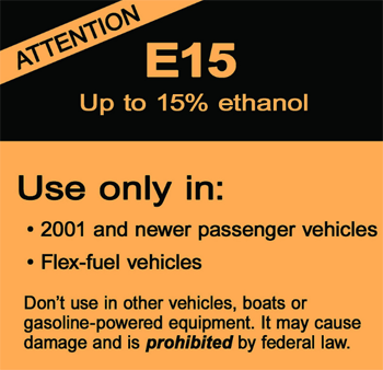 What is E15? E15 is a fuel blend containing 15% ethanol and 85% gasoline that burns cleaner than regular gasoline.   
E15 can be used in Flex-fuel and 2001 and newer passenger vehicles.  
"Not for use in gasoline powered equipment" (lawn mowers, chainsaws,etc...)