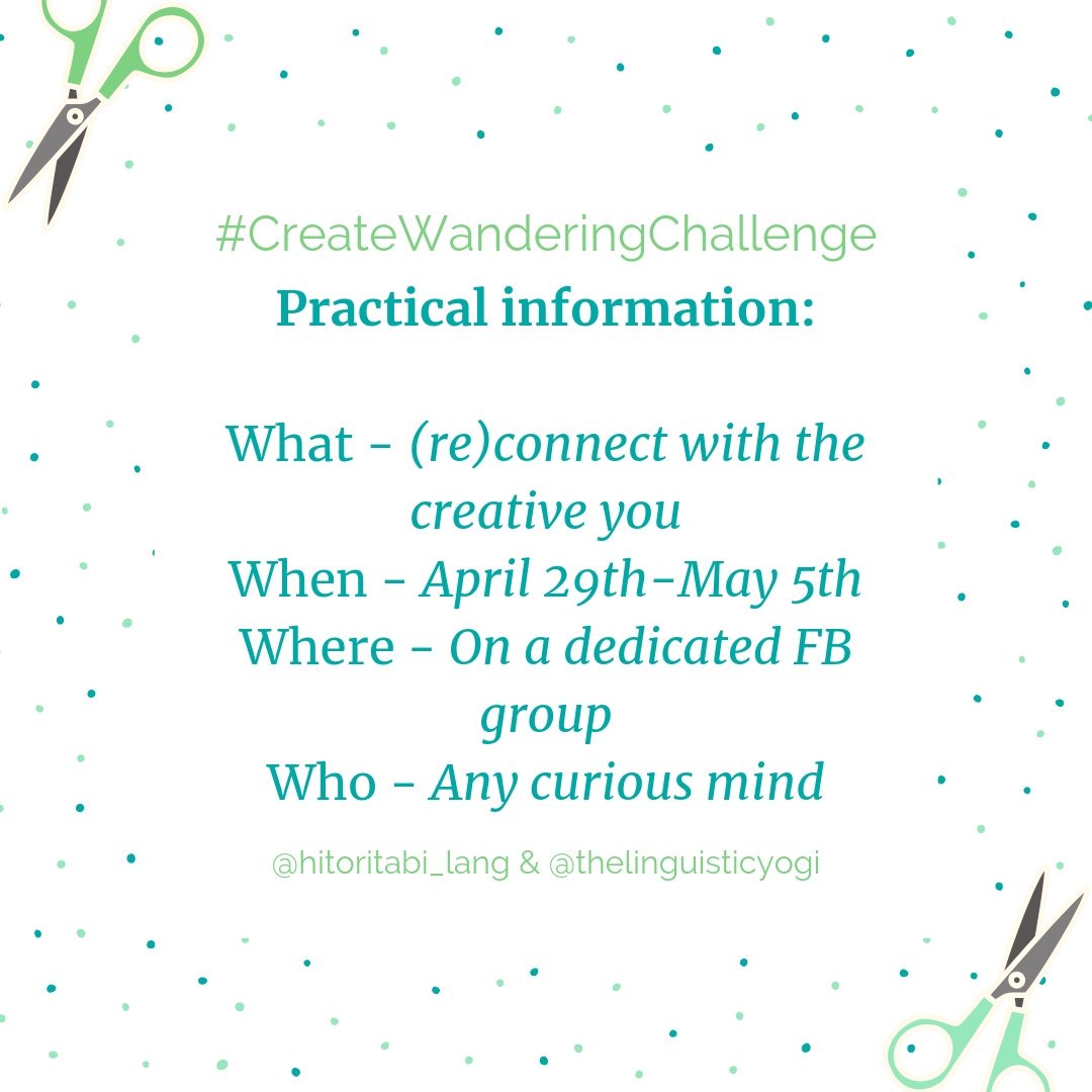 2learn_Spanish's tweet image. RT LDLanguages "RT linguisticyogi: 💌 An invitation to be creative for a week... or longer? Join Elena hitoritabi_lang and I and (re)connect with the creative you next week. Welcome to #CreateWanderingChallenge! #creativity #introvertfriendly https://t.co/WM7H4ZZ89v"