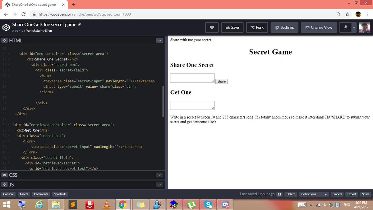 YanickStelien's tweet photo. Day55 of #100DaysOfCode I worked on  2 side projects on/off button &amp; secretgame... #CodeNewbie #WhomeninTech #WhomenWhoCode #webdevelopment https://t.co/mjFRN1Bzis