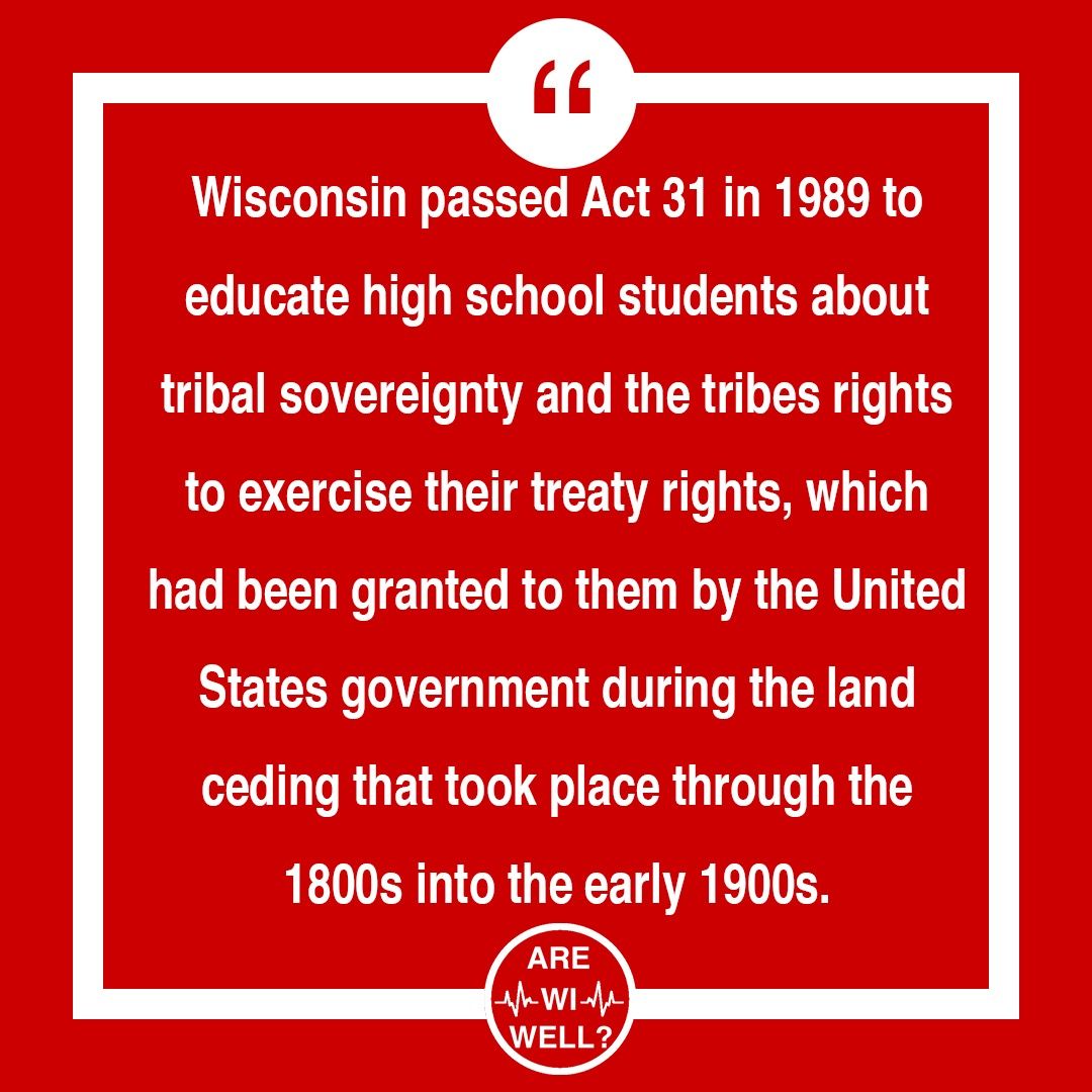 AreWIWell's tweet photo. “Wisconsin passed Act 31 in 1989 to educate high school students about tribal sovereignty and the tribes rights to exercise their treaty rights…” 

Only a few days left until our site goes live! This story and many others will try to address the question, #AreWIWell? #J335 https://t.co/oFoKP8q8Df
